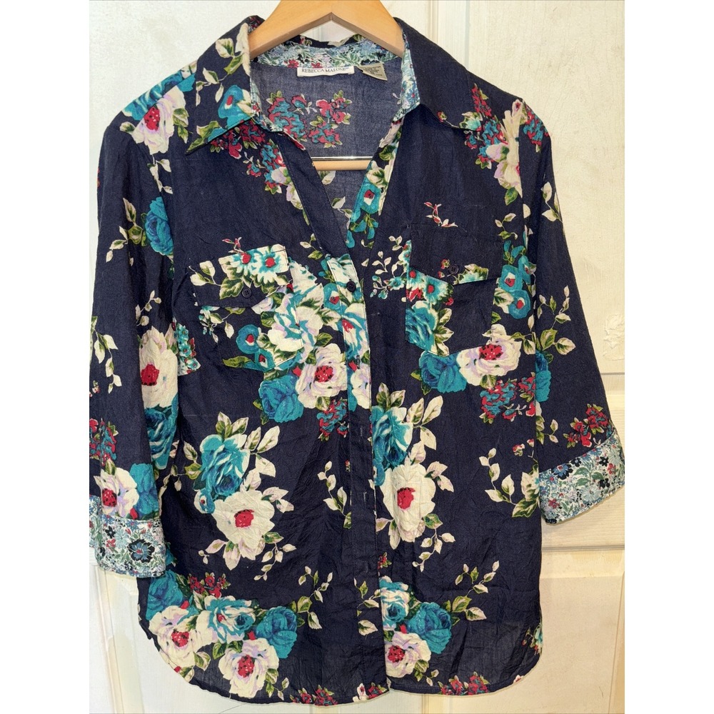 Rebecca Malone Womens Size M Blouse 3/4 Sleeve Dk Blue With Floral Print